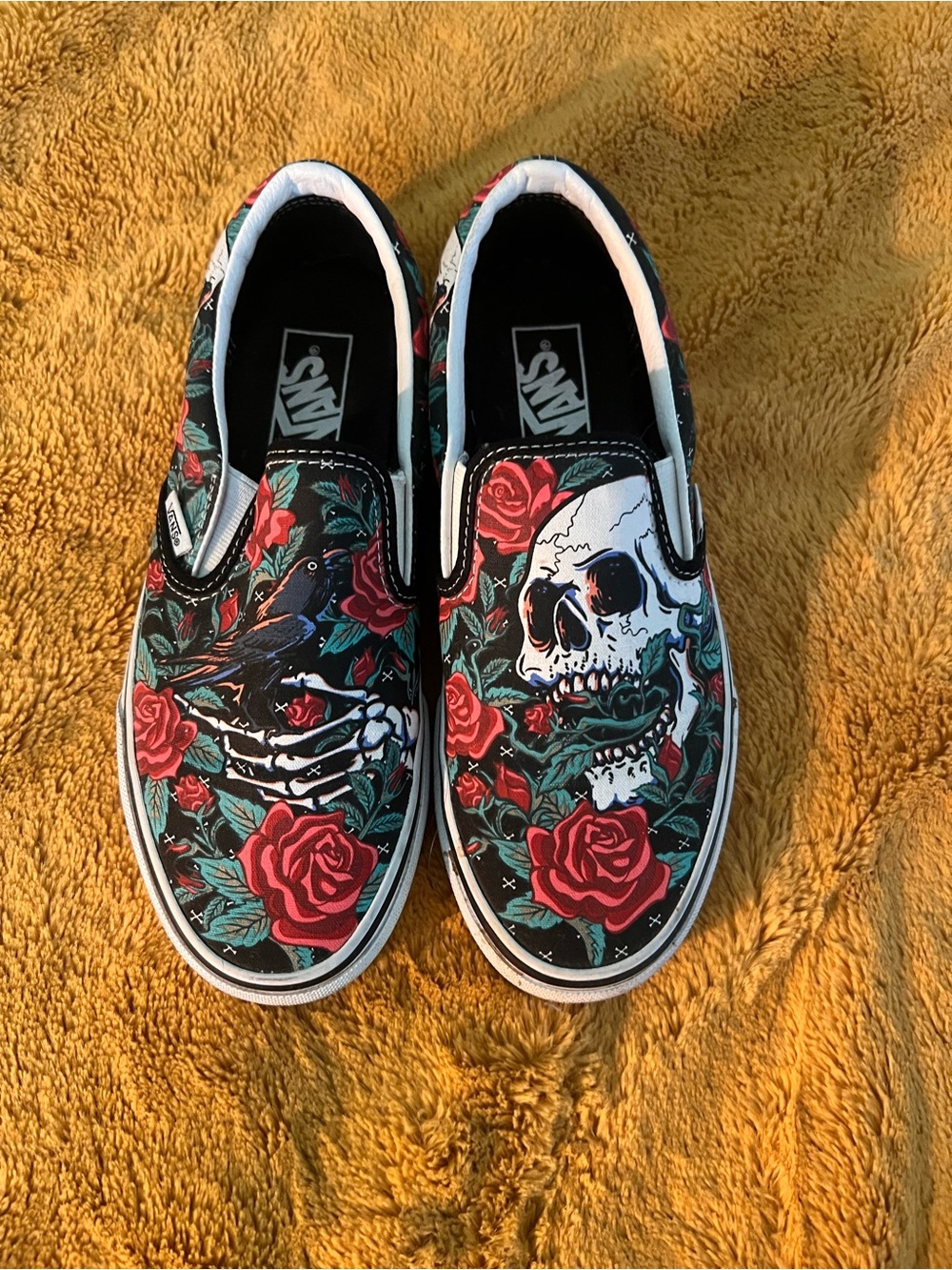 Vans Slip-On Sneakers - Black with Red Rose & Green Leaf Skull Print